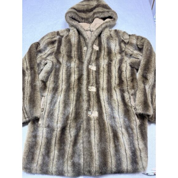 Dennis Basso VTG Reversible Faux Fur Suede Hooded Coat Sz L Tan Brown New Luxury